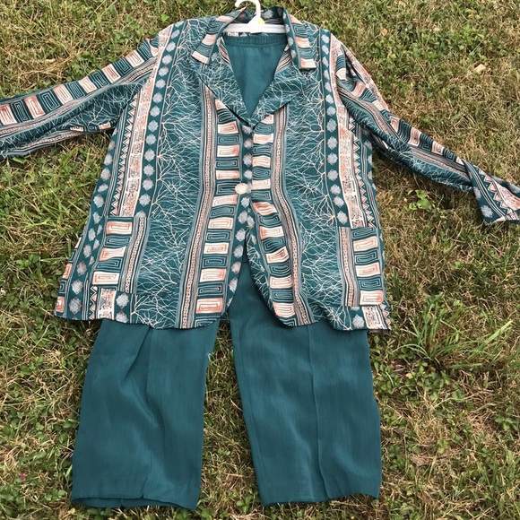 AB Sport 3 pc Green Geometric Pants Set Jacket Top - Picture 10 of 11